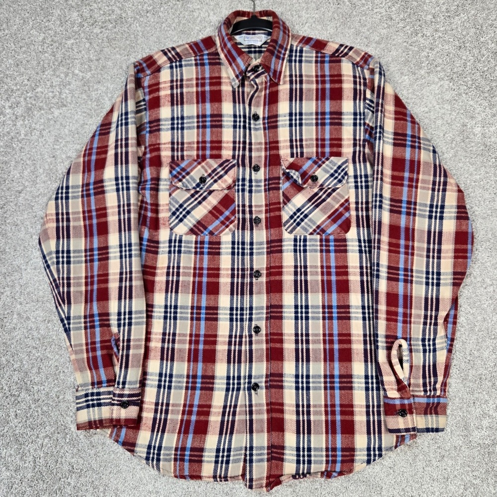 Vintage Five Brother Flannel Shirt USA Made Mens Medium Gray blue red black tan